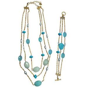 3 Strand Necklace & Bracelet Set in Multi-Color Teal Color